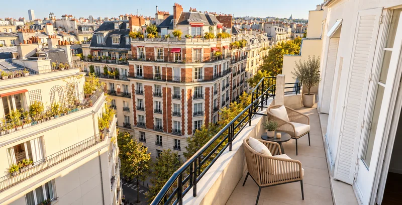 Vue élevée reconstituée de la terrasse avec du mobilier extérieur moderne