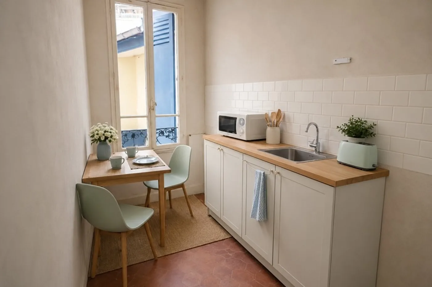 Cuisine indépendante avec aménagement projeté : meubles bas, plan de travail bois et coin repas